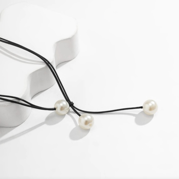 Faux Pearl Lariat Necklace – Adjustable Black Cord – Modern Y Necklace for Women - Picture 2 of 4